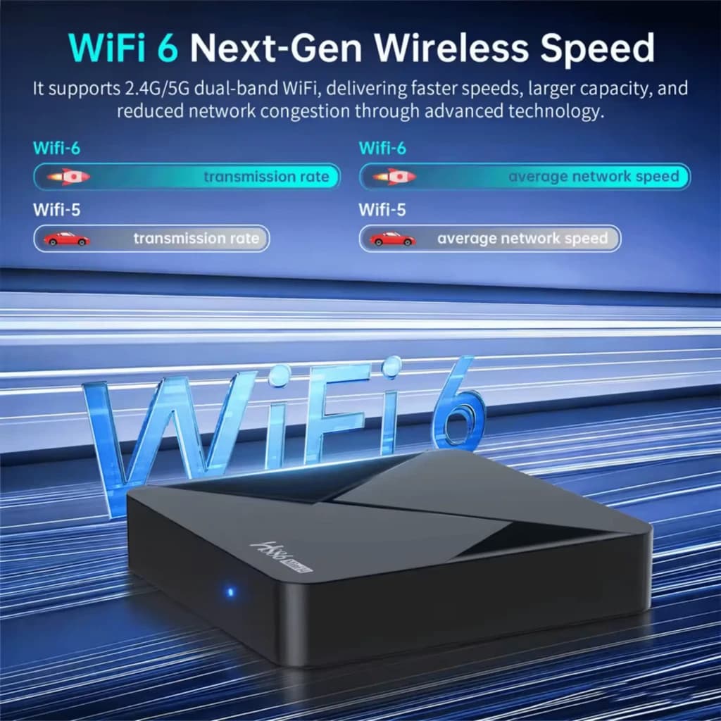 HS86 MINI14 Android TV Box compacto negro con LED azul, puertos traseros, destaca WiFi 6 doble banda, 4K, Bluetooth 5.0 y diseño geométrico elegante
