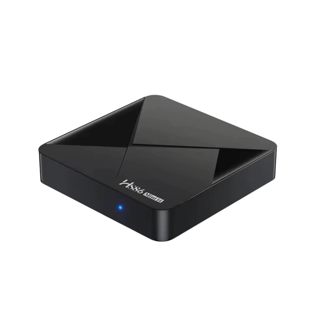 HS86 MINI14 Android TV Box 4K, corpo preto brilhante com LED azul, 2 GB RAM 16 GB, Wi‑Fi 6 banda dupla, Bluetooth 5.0, controle remoto com atalhos de apps - Item1