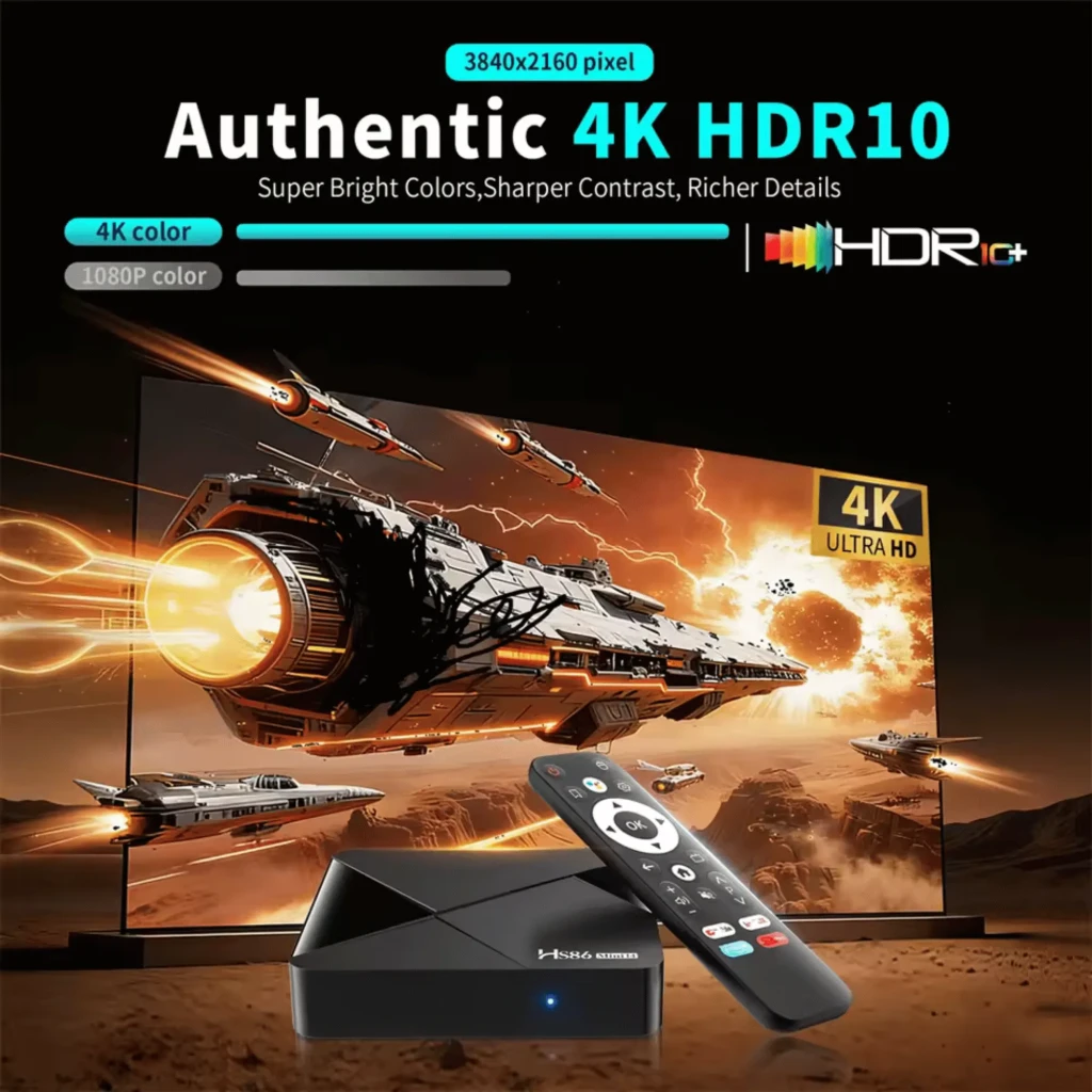 HS86 MINI14 Android TV Box 4K, corpo preto brilhante com LED azul, 2 GB RAM 16 GB, Wi‑Fi 6 banda dupla, Bluetooth 5.0, controle remoto com atalhos de apps - Item4