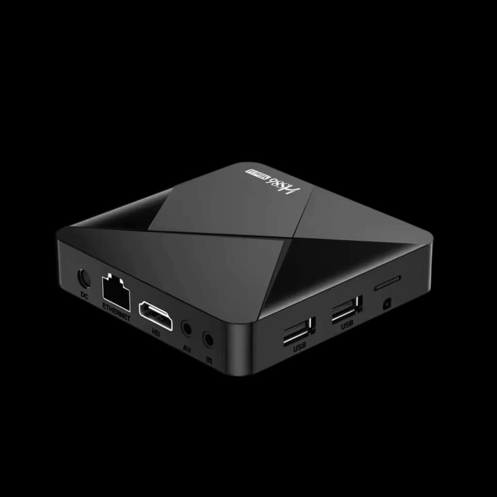 Caja HS86 MINI14 Android TV Box negra, diseño angular, puertos HDMI, Ethernet, AV, USB dobles y ranura TF; compacta para 4K, WiFi 6 doble banda y Bluetooth 5.0
