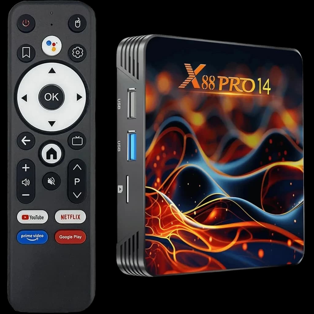 Android TV Box X88 PRO14 compacto con diseño gráfico colorido, puertos USB y ranuras laterales, y control remoto con teclas de acceso a apps y navegación