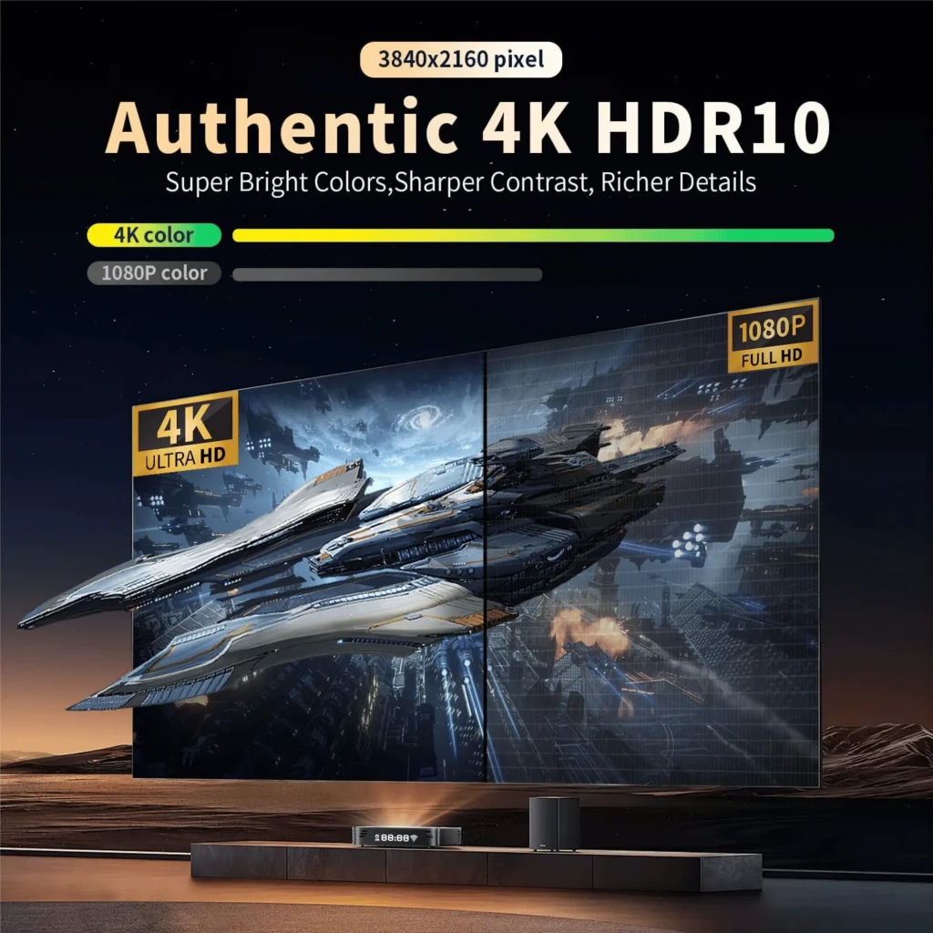 Android TV Box X88 PRO14 compacto con diseño gráfico colorido, puertos USB y ranuras laterales, y control remoto con teclas de acceso a apps y navegación - Ítem5