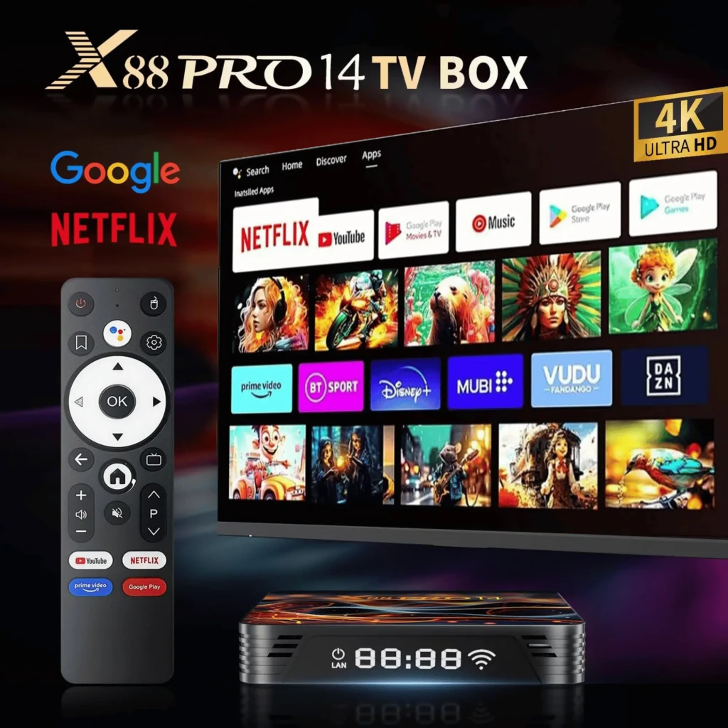 Android TV Box X88 PRO14 compacto con diseño gráfico colorido, puertos USB y ranuras laterales, y control remoto con teclas de acceso a apps y navegación - Ítem6