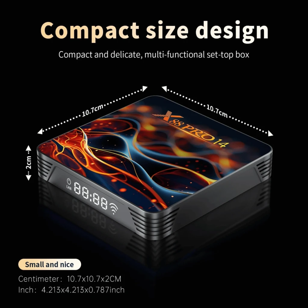Android TV Box X88 PRO14 compacto con diseño gráfico colorido, puertos USB y ranuras laterales, y control remoto con teclas de acceso a apps y navegación - Ítem7