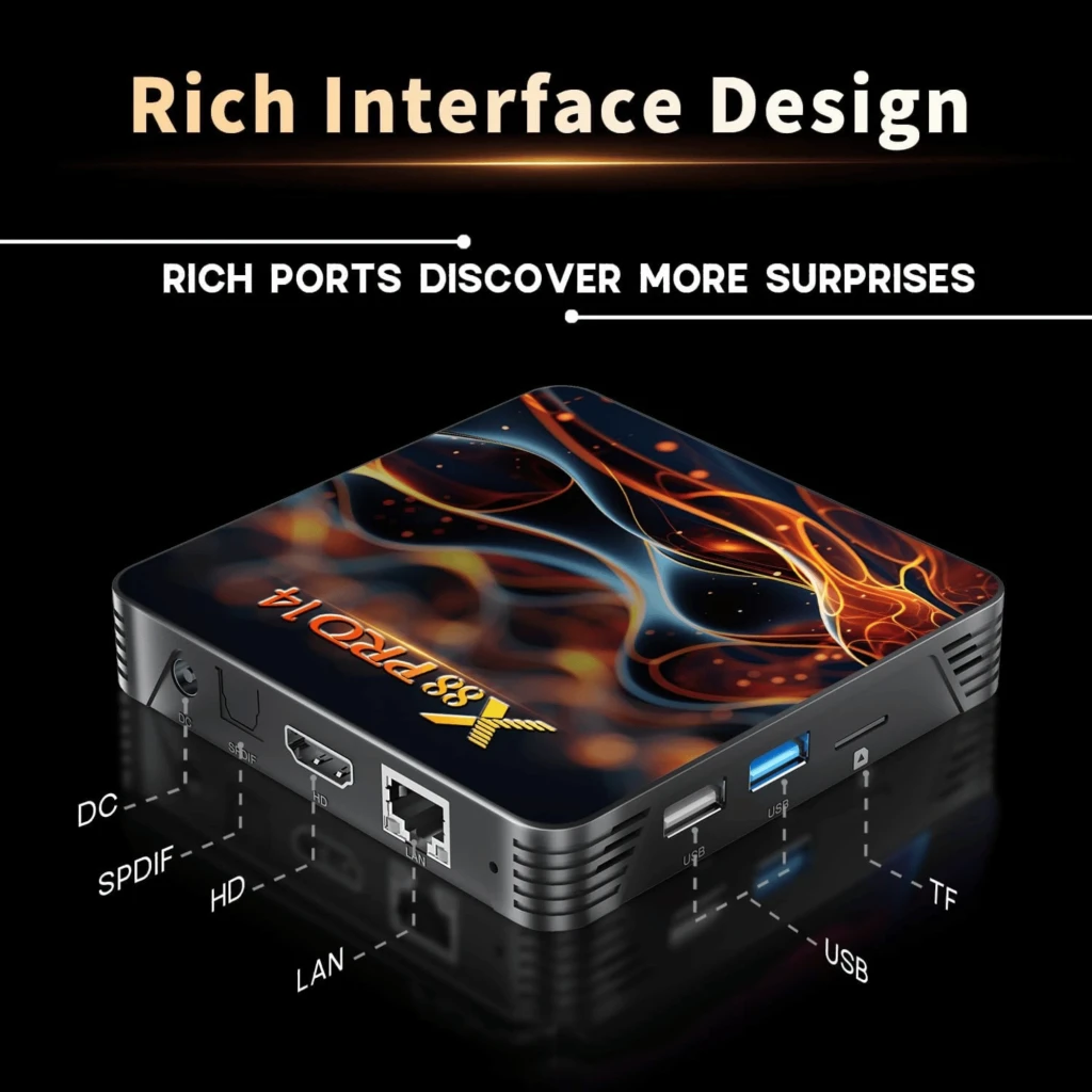 Android TV Box X88 PRO14 compacto con diseño gráfico colorido, puertos USB y ranuras laterales, y control remoto con teclas de acceso a apps y navegación - Ítem1