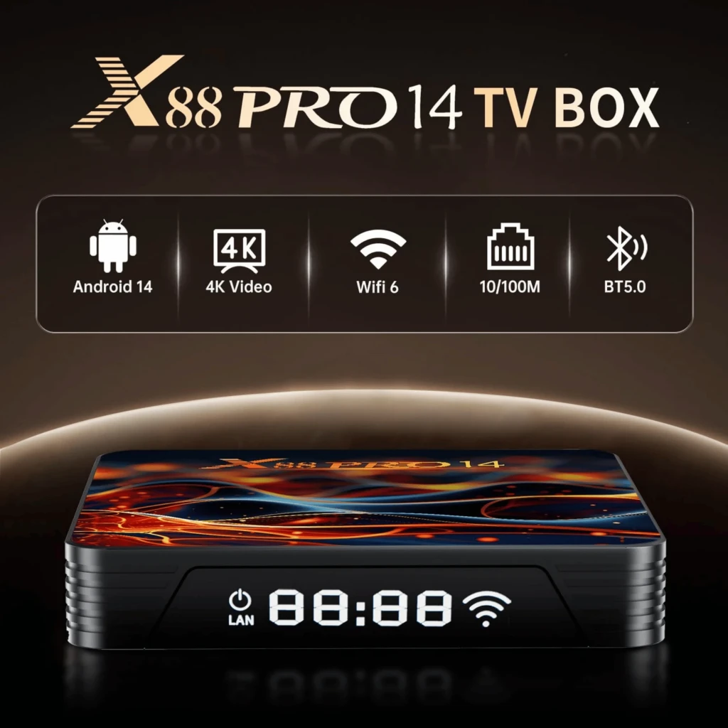 Android TV Box X88 PRO14 compacto con diseño gráfico colorido, puertos USB y ranuras laterales, y control remoto con teclas de acceso a apps y navegación - Ítem3