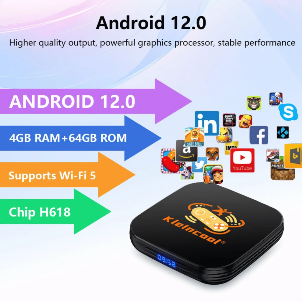 KLEINCOOL X8 Motion-sensing game box-LS043 4K Somatosensory 64GB - Android TV Box y Consola Retro con mando amarillo dual, joysticks y base con pantalla LED - Ítem3