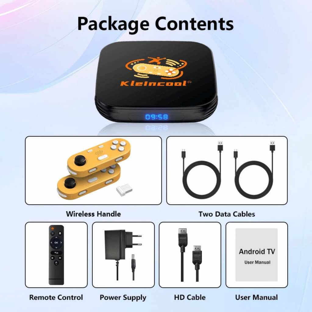 KLEINCOOL X8 Motion-sensing game box-LS043 4K Somatosensory 64GB - Android TV Box y Consola Retro con mando amarillo dual, joysticks y base con pantalla LED - Ítem4