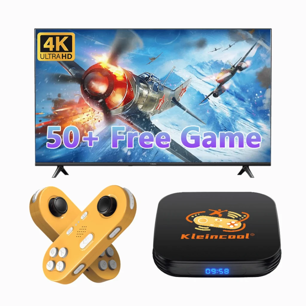 KLEINCOOL X8 Motion-sensing game box-LS043 4K Somatosensory 64GB - Android TV Box y Consola Retro con mando amarillo dual, joysticks y base con pantalla LED - Ítem1