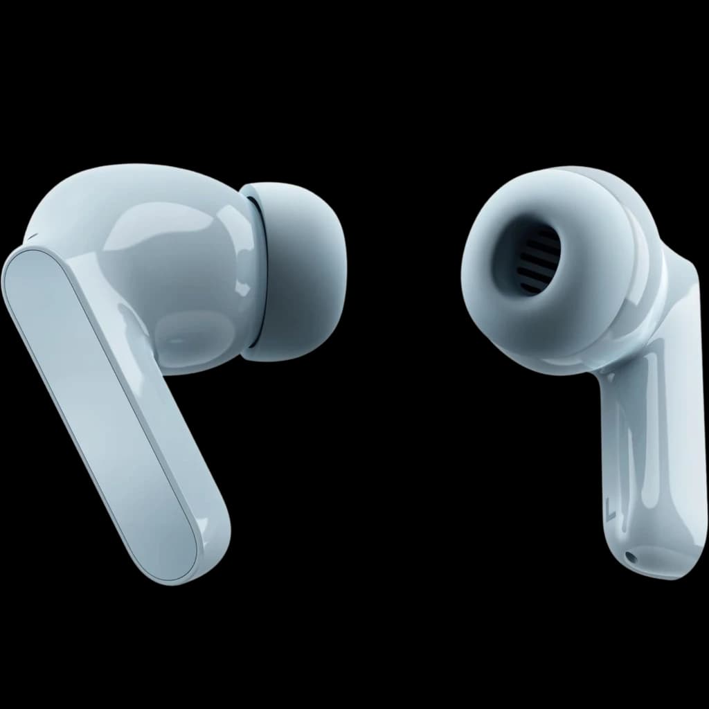 Motorola Moto Buds Light Blue com ANC; fones intra-auriculares azul claro, hastes retas, acabamento brilhante, ponteiras de silicone, grelha visível no driver