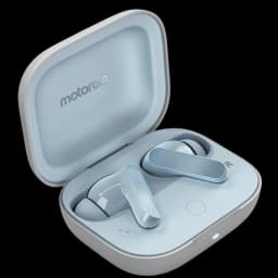 Motorola Moto Buds Light Blue com ANC em estojo compacto azul claro, design ergonômico com hastes retas, indicadores L/R e luz frontal de carregamento