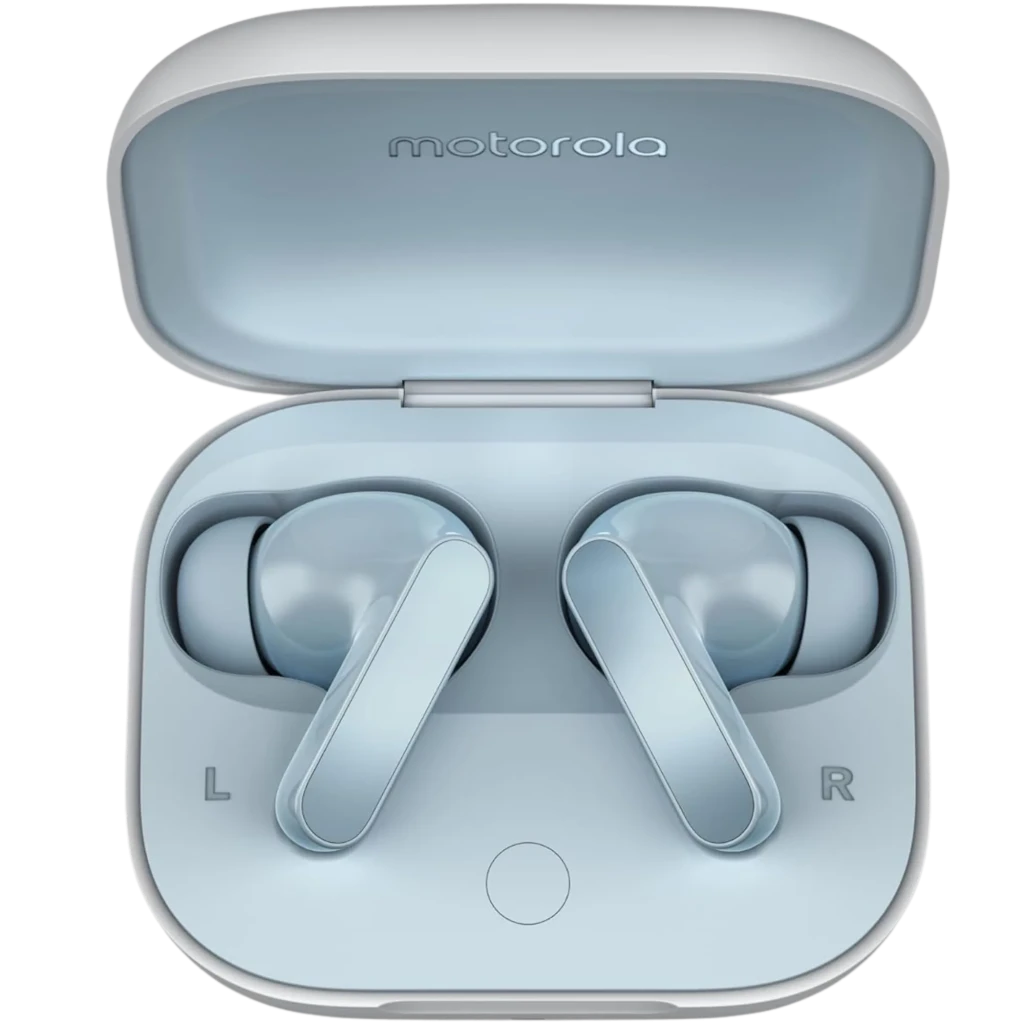 Estuche y audífonos Motorola Moto Buds Azul Claro con ANC; diseño compacto mate, tapa imantada, luces LED y almohadillas intrauditivas intercambiables - Ítem3