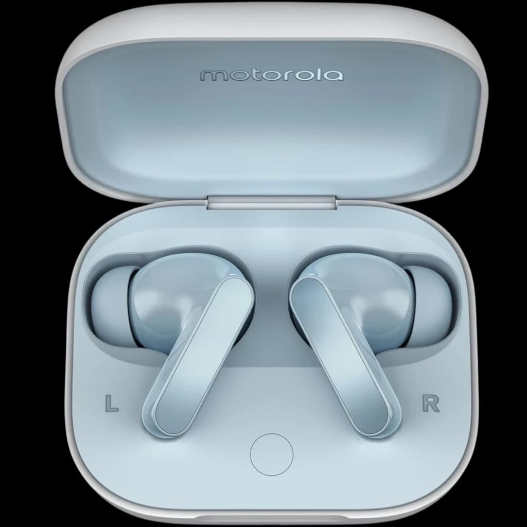 Motorola Moto Buds Light Blue com ANC em estojo compacto azul claro, fones intra-auriculares com hastes curtas, encaixe L e R visíveis e acabamento fosco