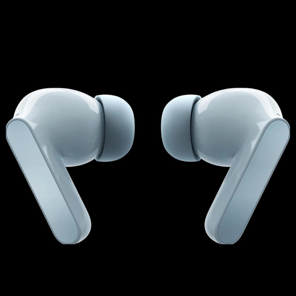 Motorola Moto Buds Light Blue com ANC, fones intra-auriculares azul claro, hastes retangulares brilhantes e ponteiras de silicone macias, design minimalista.