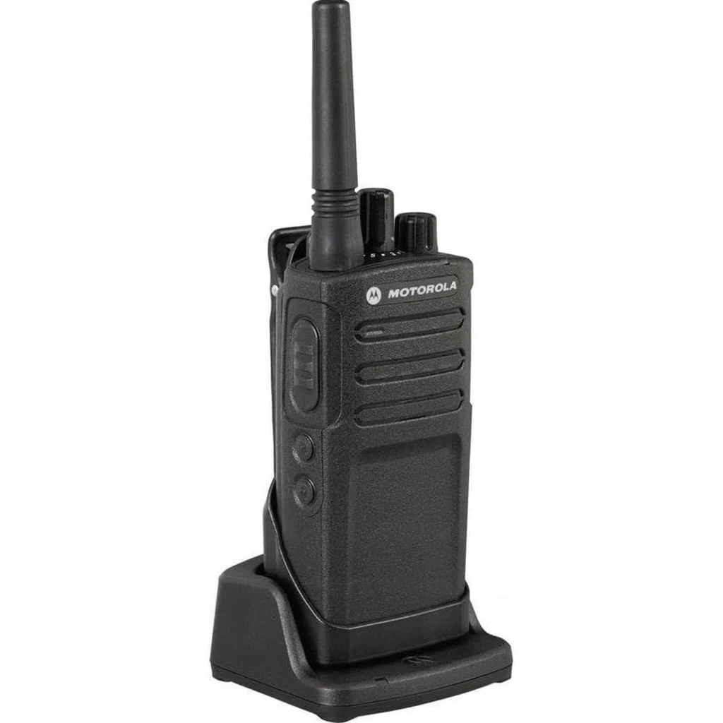 Walkie Talkie Motorola XT420 16 Canales Individual, cuerpo robusto negro con antena larga, perillas superiores y base de carga incluida - Ítem1