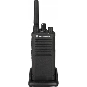 Walkie Talkie Motorola XT420 16 Canales Individual, cuerpo robusto negro con antena larga, perillas superiores y base de carga incluida