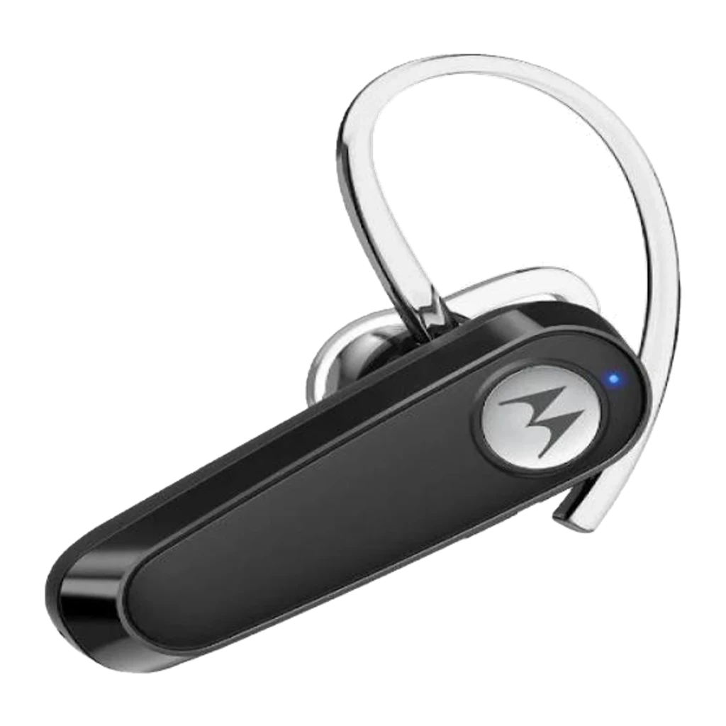 Auricular Motorola HK126 in-ear com gancho de orelha, acabamento preto brilhante, botão com logo M e luz LED azul; design compacto e leve - Item1