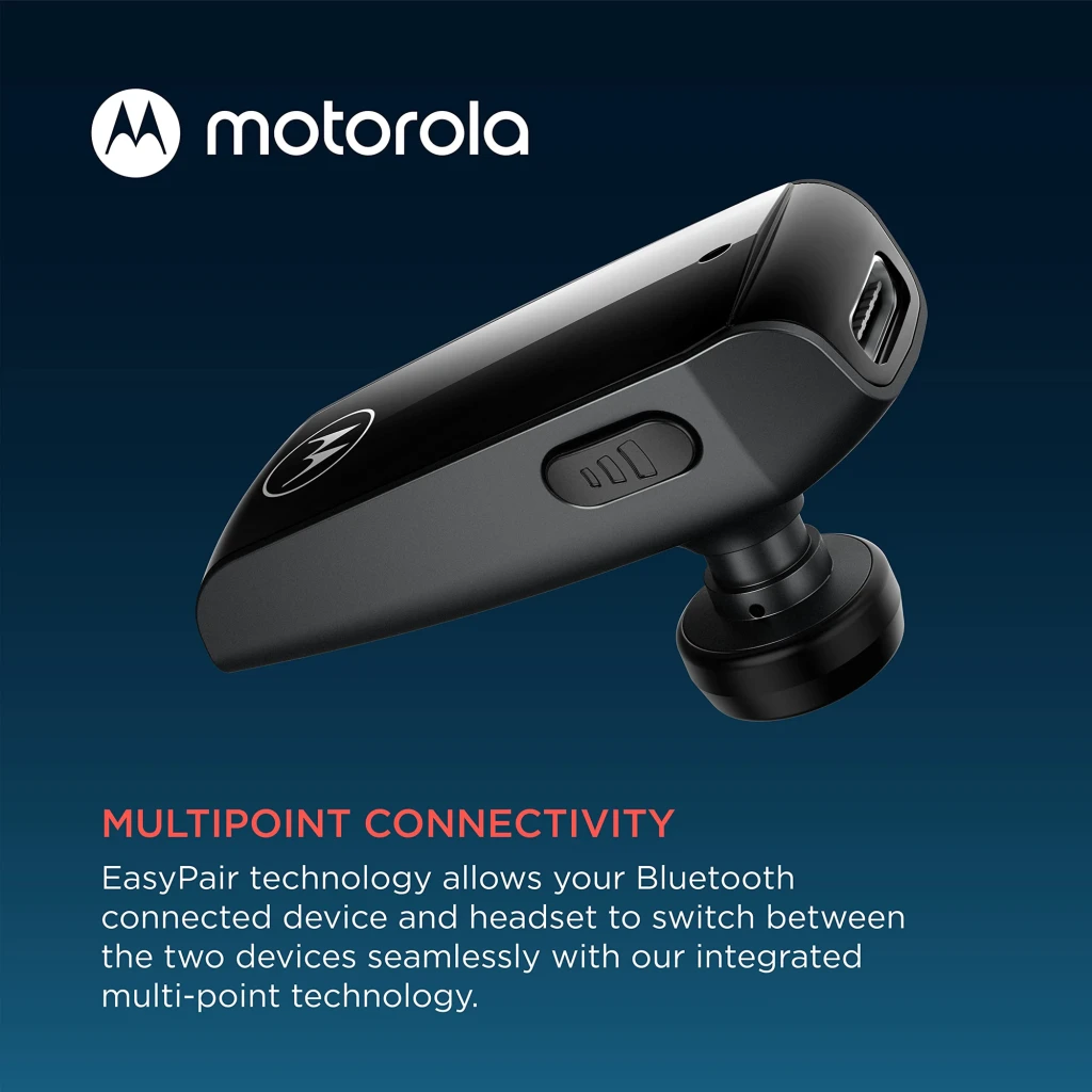 Auricular Motorola HK126 in-ear com gancho de orelha, acabamento preto brilhante, botão com logo M e luz LED azul; design compacto e leve - Item6