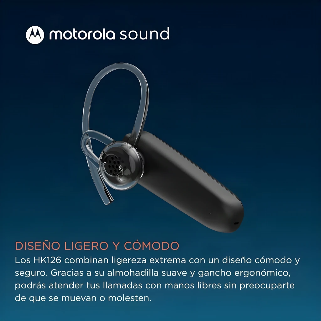 Auricular Motorola HK126 in-ear com gancho de orelha, acabamento preto brilhante, botão com logo M e luz LED azul; design compacto e leve - Item5