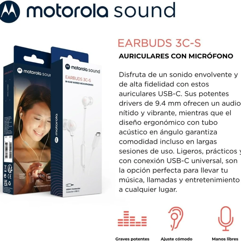 Motorola Earbuds 3C-S blanc avec embouts intra-auriculaires, câble plat, télécommande inline et connecteur USB-C; design épuré et léger - Ítem3