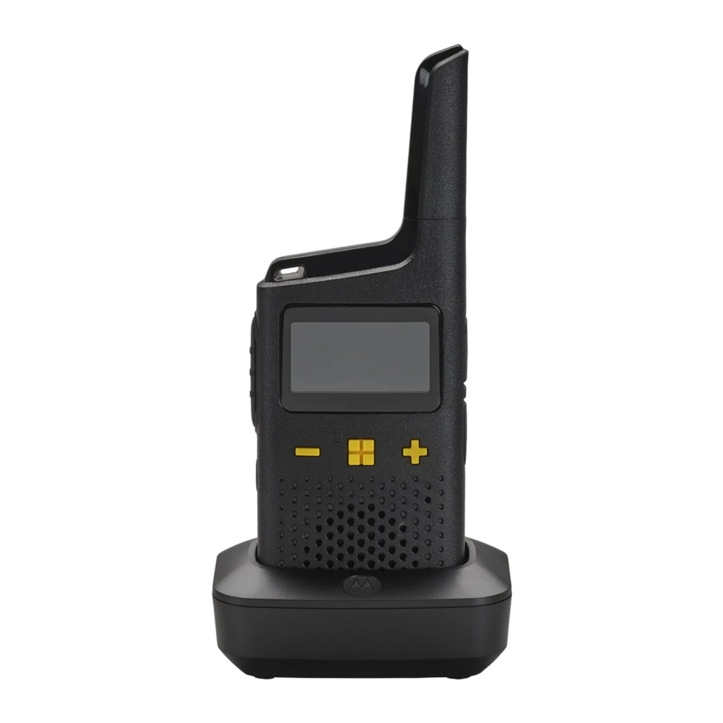 Walkie Talkie Motorola XT185 pack de 2, carcasa negra compacta, pantalla digital, botones amarillos + y -, altavoz frontal perforado, antena integrada - Ítem1