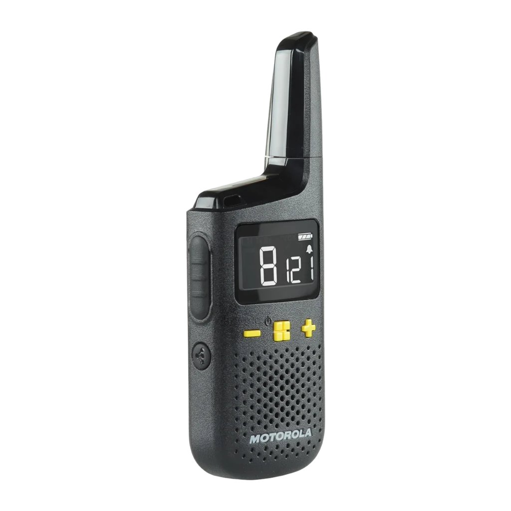 Walkie Talkie Motorola XT185 pack de 2, carcasa negra compacta, pantalla digital, botones amarillos + y -, altavoz frontal perforado, antena integrada - Ítem2