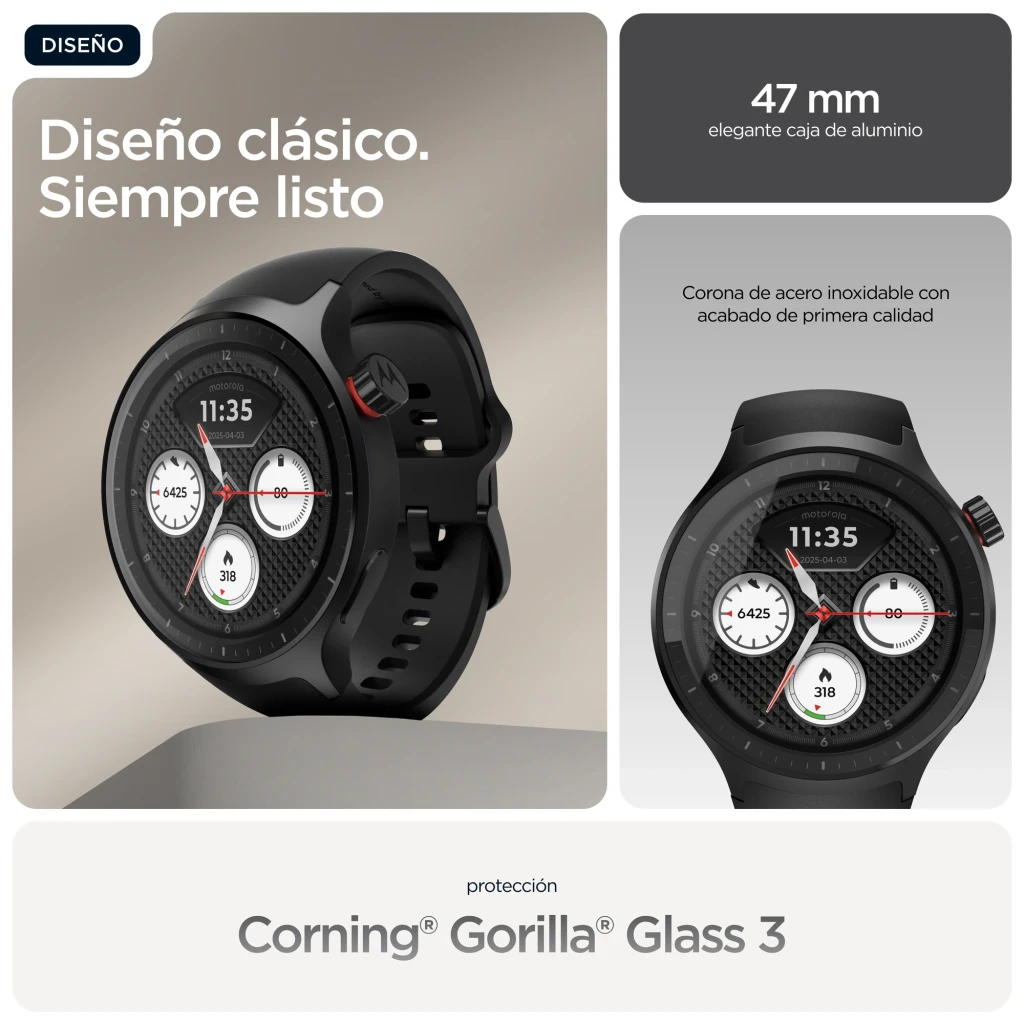 Motorola Moto Watch Volcanic Ash 4gb negro - cuerpo = 47 mm, 40 g, marco de acero inoxidable, cristal Gorilla Glass