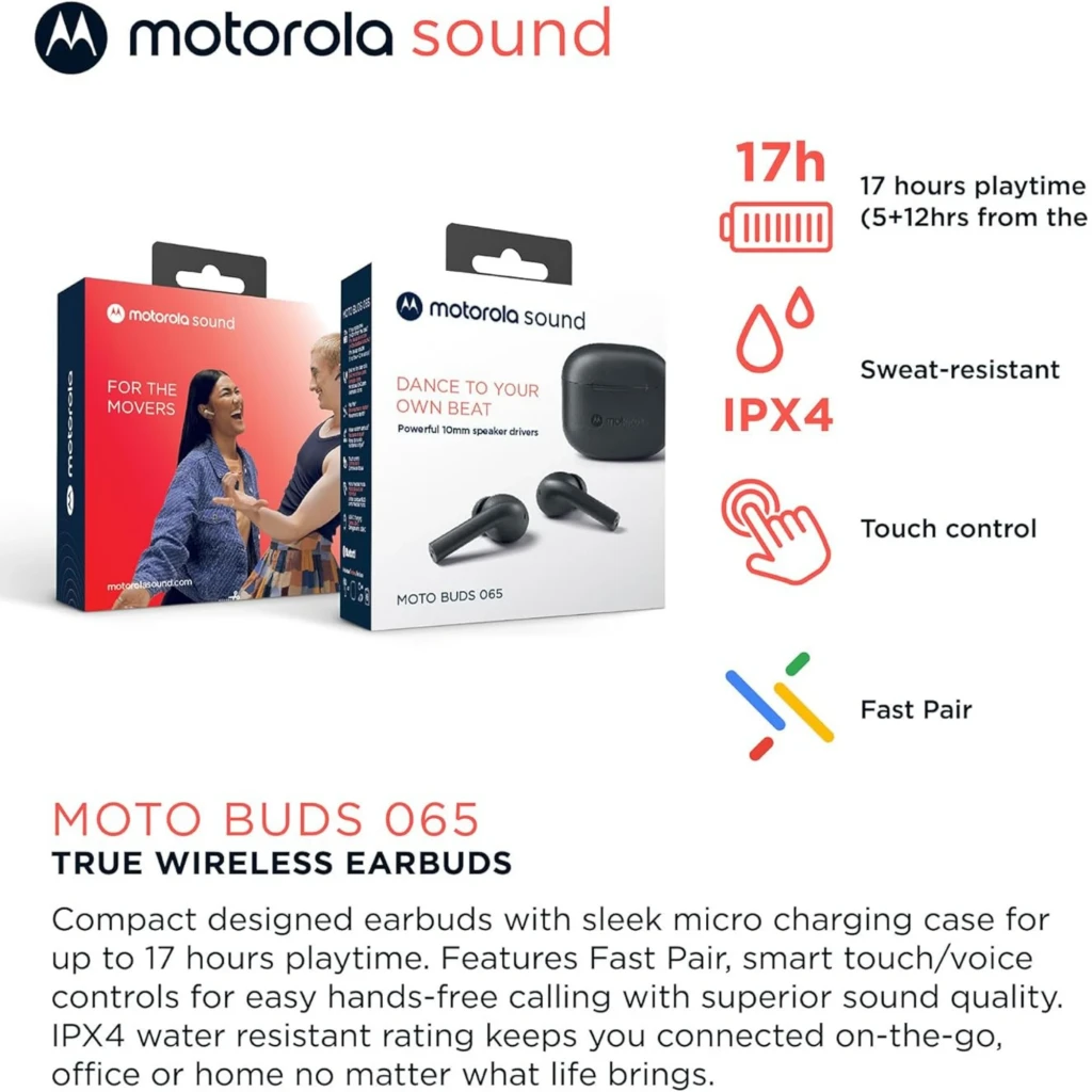 Motorola Moto Buds 065 sans fil noirs avec boîtier compact, tiges allongées, embouts intra-auriculaires, finition mate, IPX4, autonomie totale 17 h - Ítem5