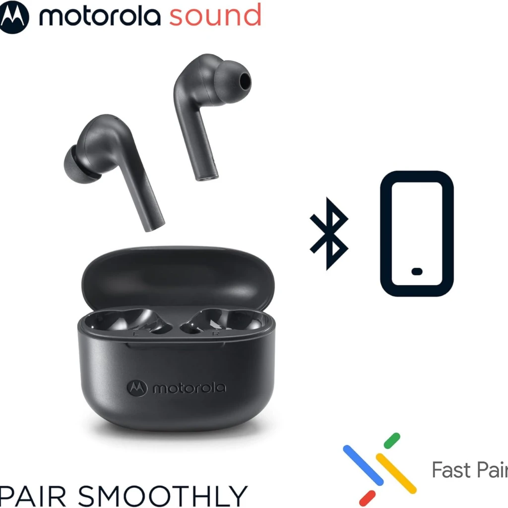 Motorola Moto Buds 065 sans fil noirs avec boîtier compact, tiges allongées, embouts intra-auriculaires, finition mate, IPX4, autonomie totale 17 h - Ítem6