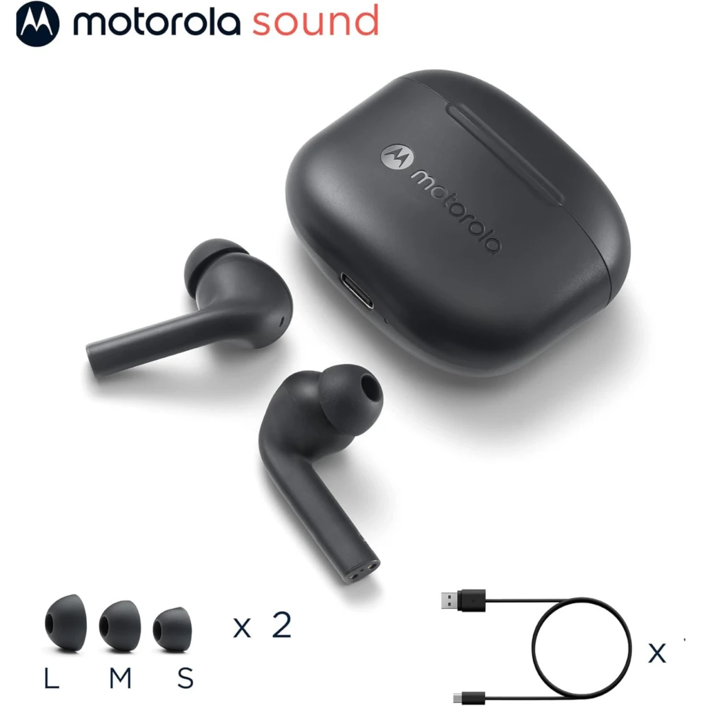 Motorola Moto Buds 065 sans fil noirs avec boîtier compact, tiges allongées, embouts intra-auriculaires, finition mate, IPX4, autonomie totale 17 h - Ítem1