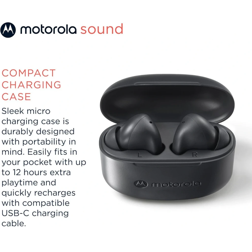 Motorola Moto Buds 065 sans fil noirs avec boîtier compact, tiges allongées, embouts intra-auriculaires, finition mate, IPX4, autonomie totale 17 h - Ítem2