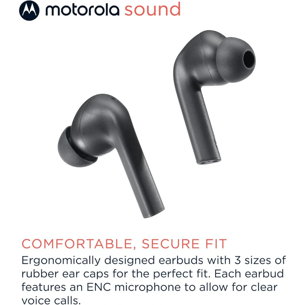 Motorola Moto Buds 065 sans fil noirs avec boîtier compact, tiges allongées, embouts intra-auriculaires, finition mate, IPX4, autonomie totale 17 h - Ítem3