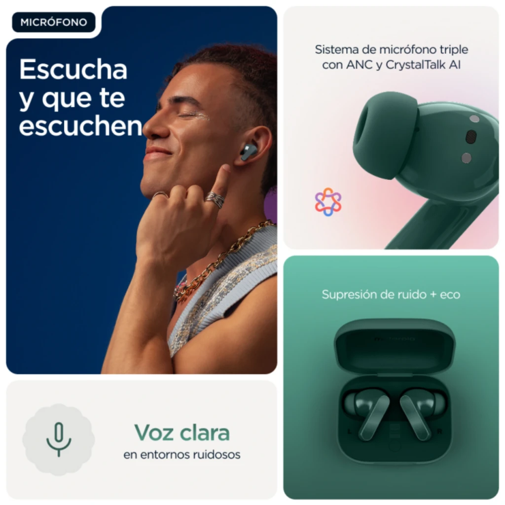 Motorola Moto Buds Bass Écouteurs TWS Vert avec boîtier de charge compact vert foncé, écouteurs à tiges brillantes, LED frontale et indicateurs gauche - Ítem6