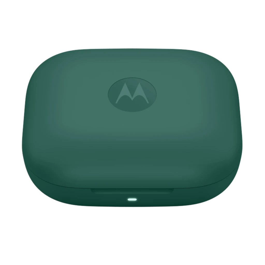 Motorola Moto Buds Bass Écouteurs TWS Vert avec boîtier de charge compact vert foncé, écouteurs à tiges brillantes, LED frontale et indicateurs gauche - Ítem1