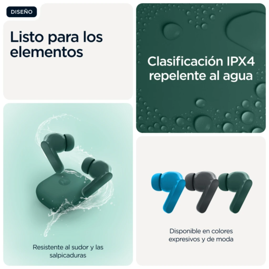 Motorola Moto Buds Bass Écouteurs TWS Vert avec boîtier de charge compact vert foncé, écouteurs à tiges brillantes, LED frontale et indicateurs gauche - Ítem3