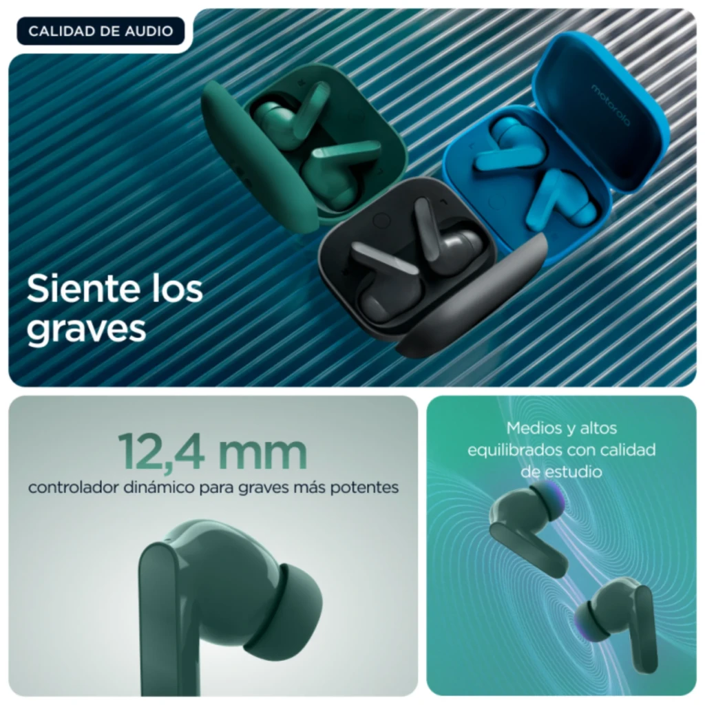Motorola Moto Buds Bass Écouteurs TWS Vert avec boîtier de charge compact vert foncé, écouteurs à tiges brillantes, LED frontale et indicateurs gauche - Ítem4