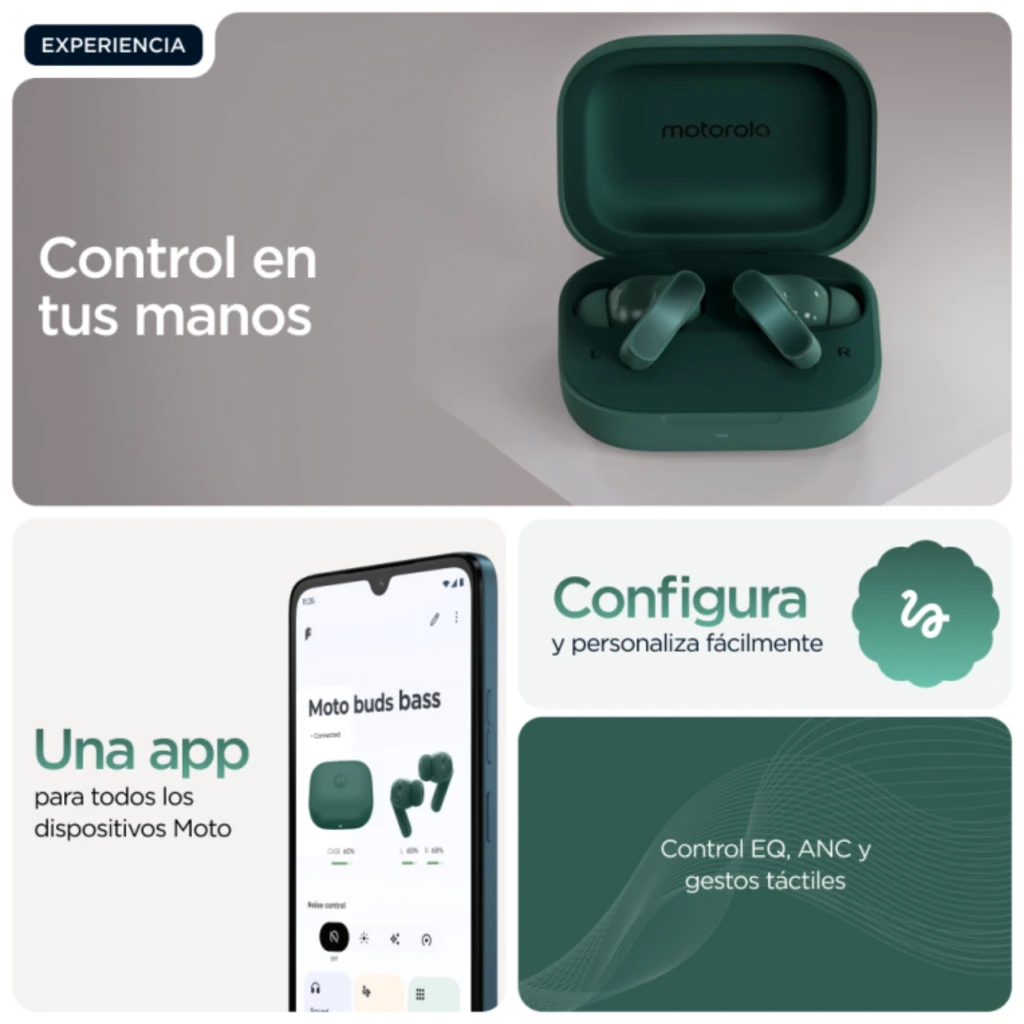 Motorola Moto Buds Bass Écouteurs TWS Vert avec boîtier de charge compact vert foncé, écouteurs à tiges brillantes, LED frontale et indicateurs gauche - Ítem5