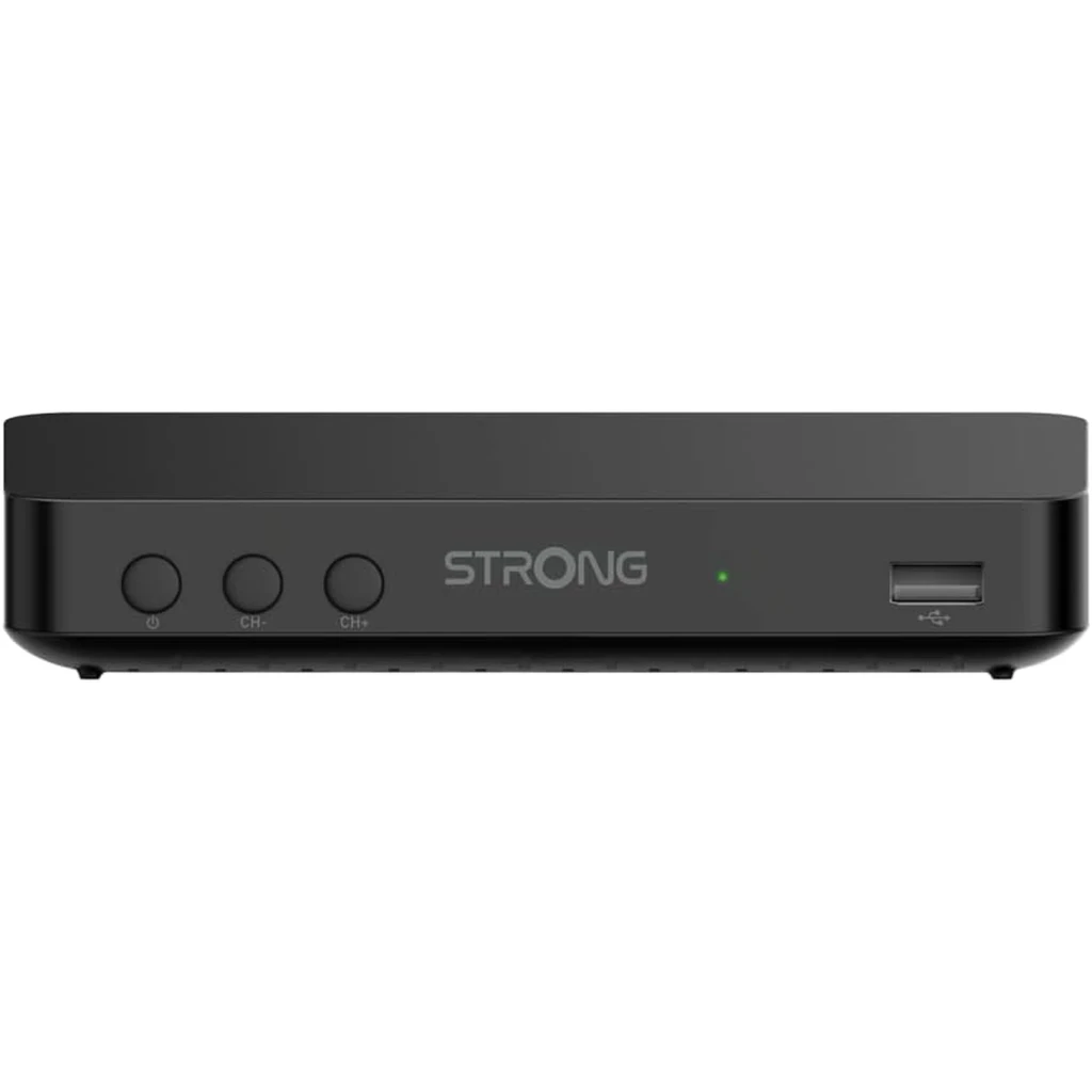 Receptor TDT negro compacto con carcasa brillante, botones frontales, led indicador, puerto USB frontal y diseño minimalista con logo Strong en el lateral - Ítem1