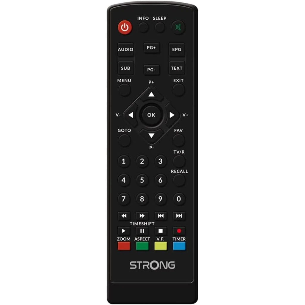 Receptor TDT negro compacto con carcasa brillante, botones frontales, led indicador, puerto USB frontal y diseño minimalista con logo Strong en el lateral - Ítem2