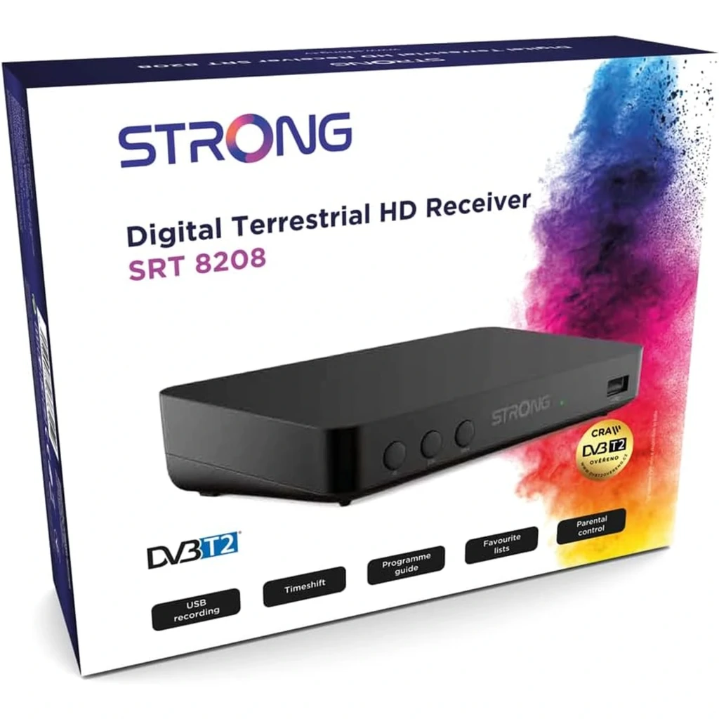 Receptor TDT negro compacto con carcasa brillante, botones frontales, led indicador, puerto USB frontal y diseño minimalista con logo Strong en el lateral - Ítem3