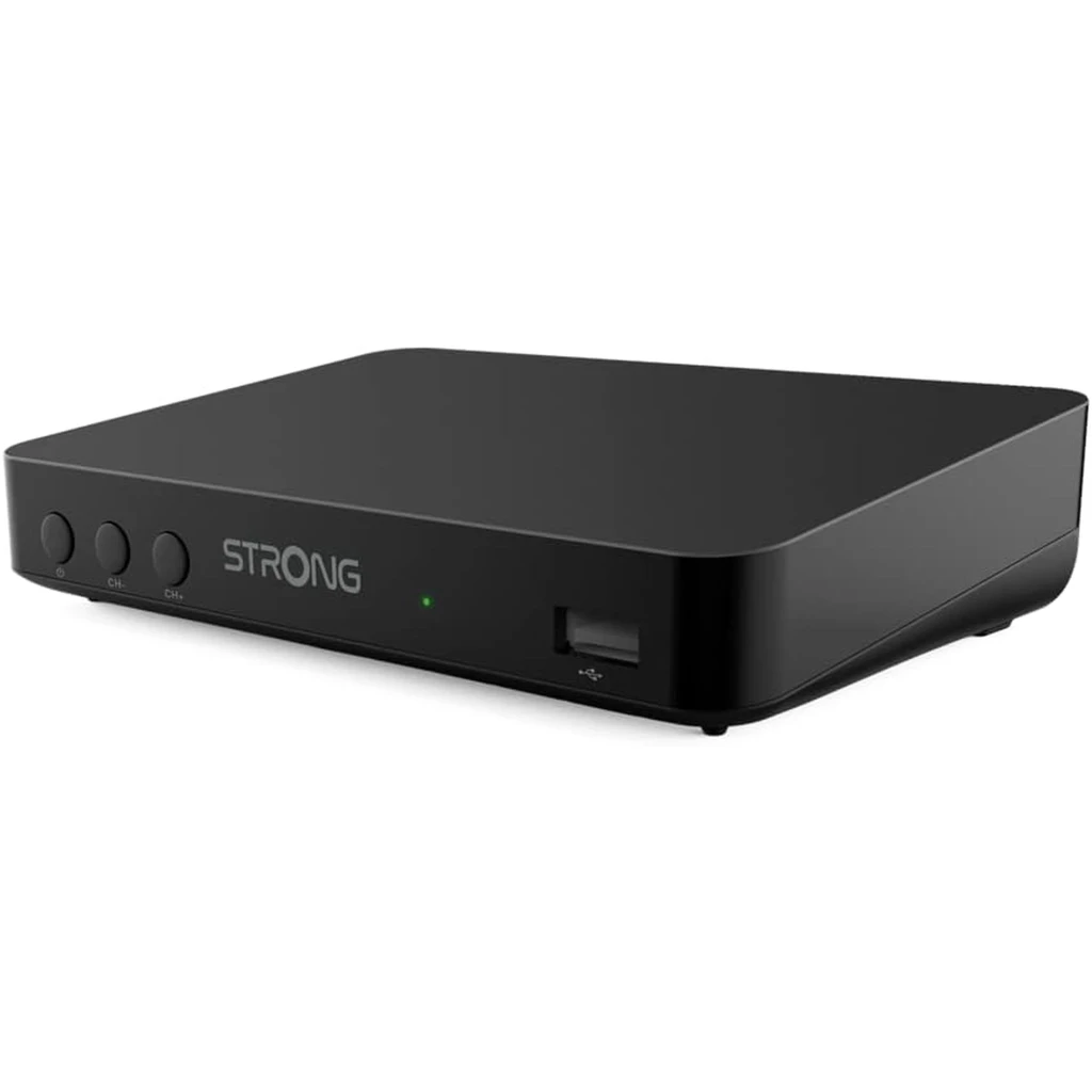 Receptor TDT negro compacto con carcasa brillante, botones frontales, led indicador, puerto USB frontal y diseño minimalista con logo Strong en el lateral - Ítem