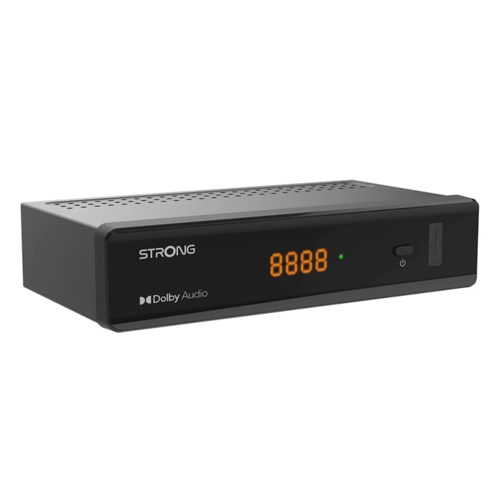 Receptor Strong SRT 7040 con display LED naranja 8888, botón de encendido, puerto USB frontal y chasis ventilado negro con logotipo Dolby Audio - Ítem1