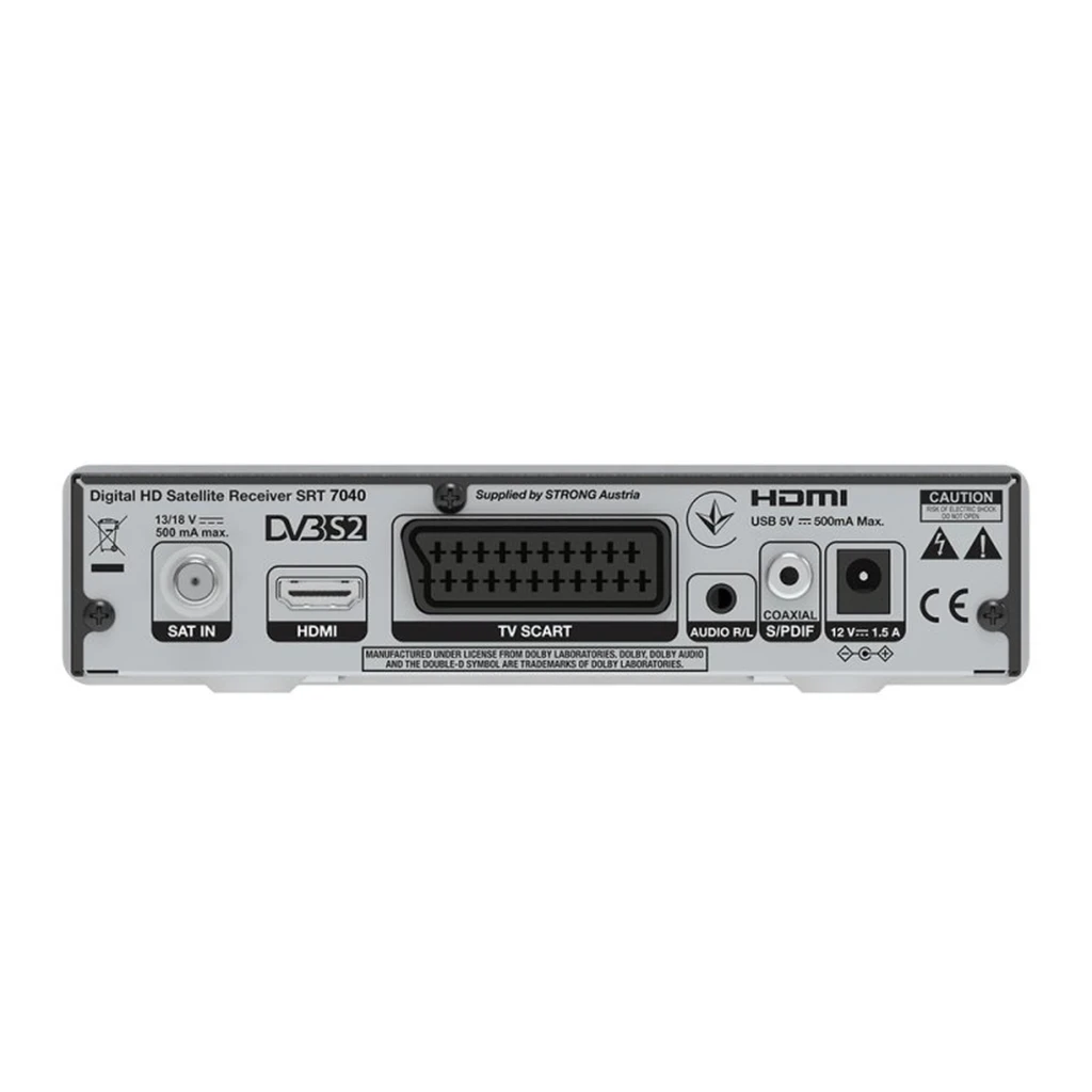 Receptor Strong SRT 7040 con display LED naranja 8888, botón de encendido, puerto USB frontal y chasis ventilado negro con logotipo Dolby Audio - Ítem2