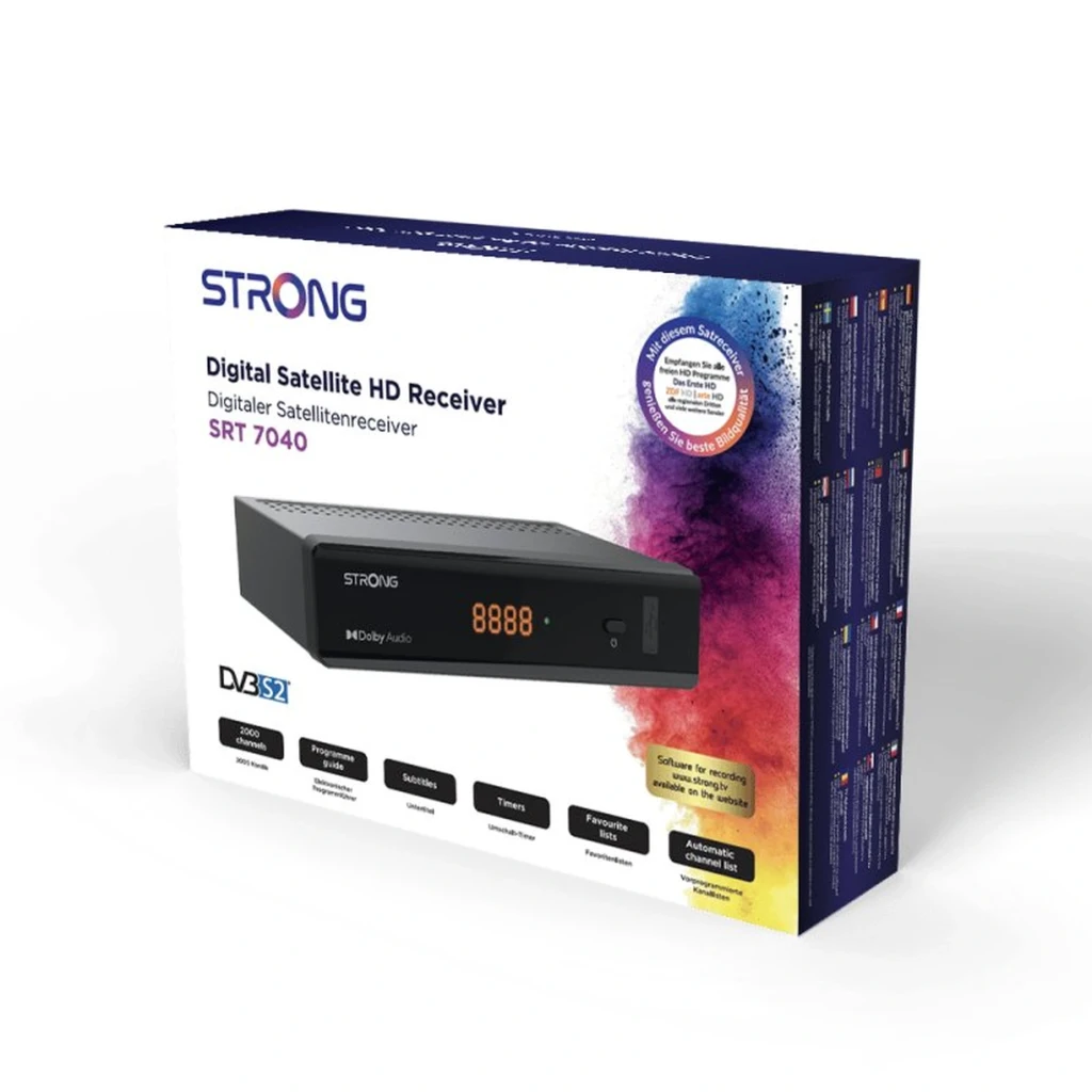 Receptor Strong SRT 7040 con display LED naranja 8888, botón de encendido, puerto USB frontal y chasis ventilado negro con logotipo Dolby Audio - Ítem4