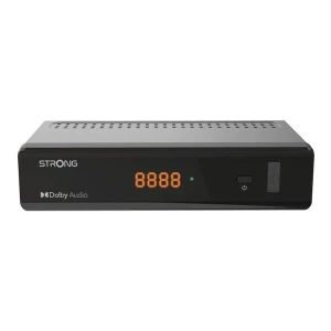 Receptor Strong SRT 7040 con display LED naranja 8888, botón de encendido, puerto USB frontal y chasis ventilado negro con logotipo Dolby Audio