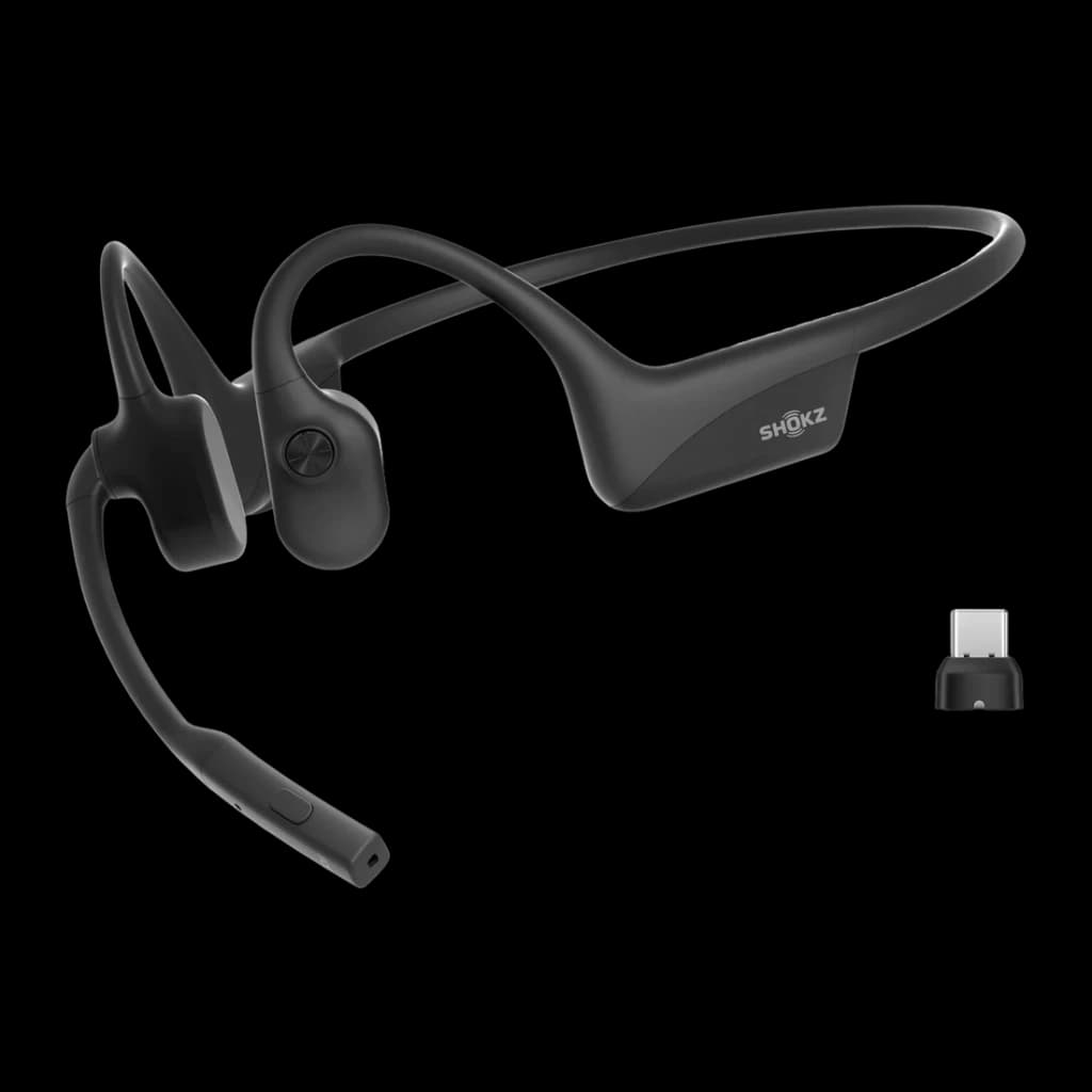 Auriculares Shokz OpenComm2 UC 2025 Upgrade Open-Ear Bluetooth USB-C 16h Negro, vista frontal: banda de conducción ósea