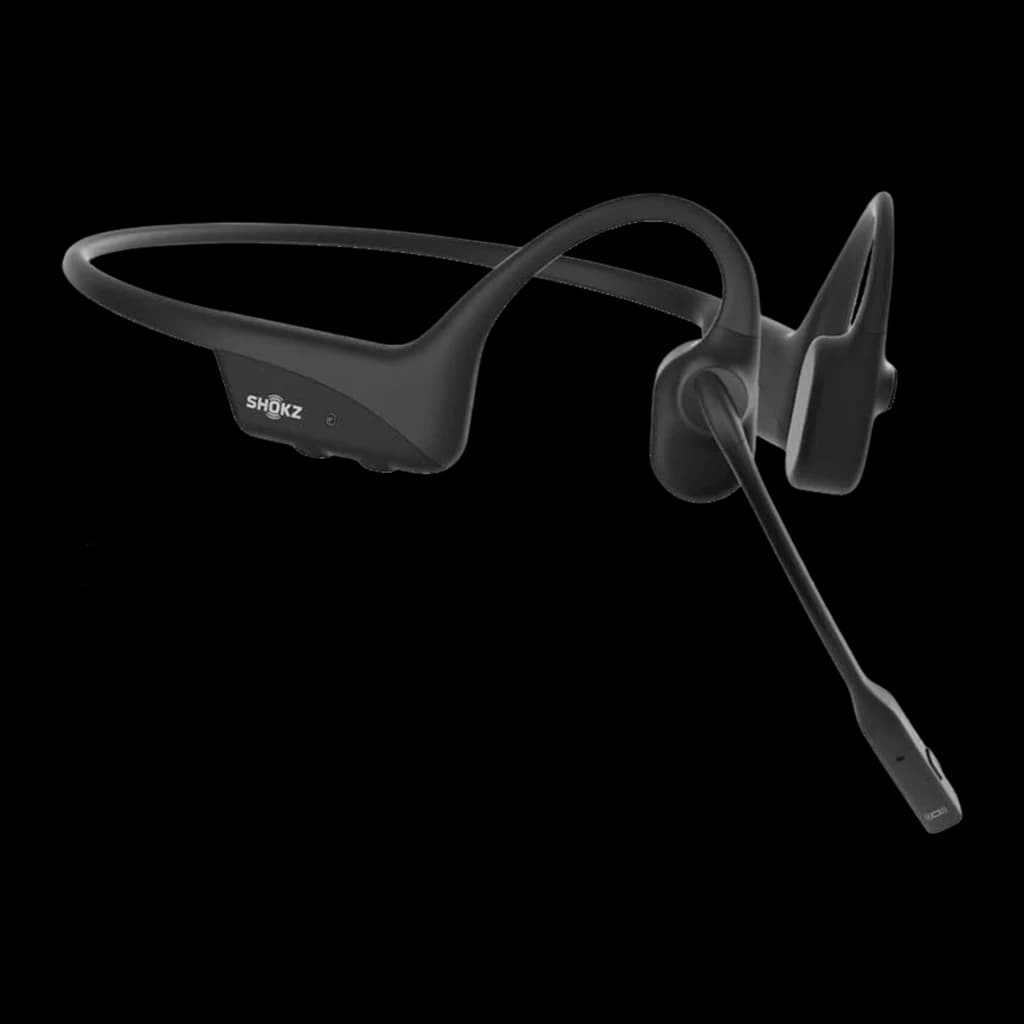 Casque SHOKZ OpenComm2 Industrial 2025 open-ear noir avec micro boom DSP, arceau tour de tête flexible, boutons latéraux et transducteurs osseux ergonomiques