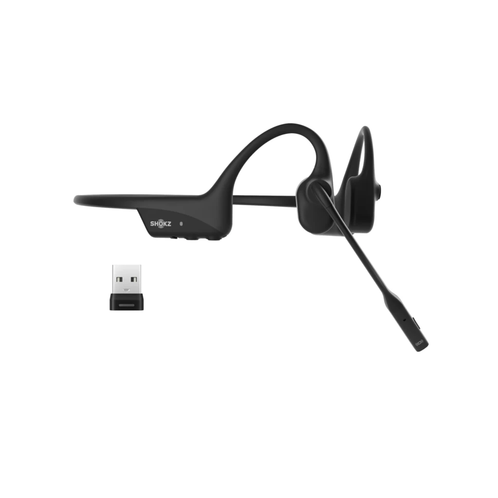 Casque SHOKZ OpenComm2 Industrial 2025 open-ear noir avec micro boom DSP, arceau tour de tête flexible, boutons latéraux et transducteurs osseux ergonomiques - Ítem4