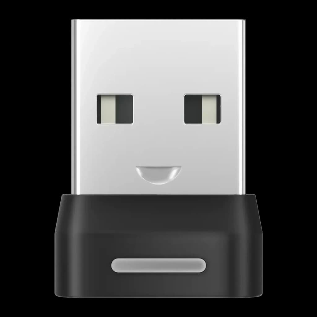 Adaptateur USB compact noir et argent du Casque SHOKZ OpenComm2 Industrial 2025, connecteur USB-A avec voyant intégré et design minimaliste