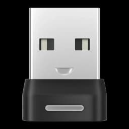 Adaptateur USB compact noir et argent du Casque SHOKZ OpenComm2 Industrial 2025, connecteur USB-A avec voyant intégré et design minimaliste